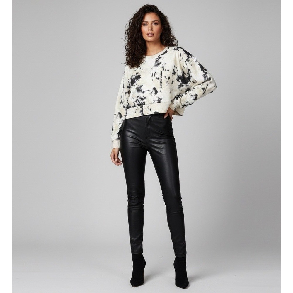 Zara Womens Long Sleeve Relax Fit Ecru Black Tie-Die Cropped Fleece Sweatshirt L
